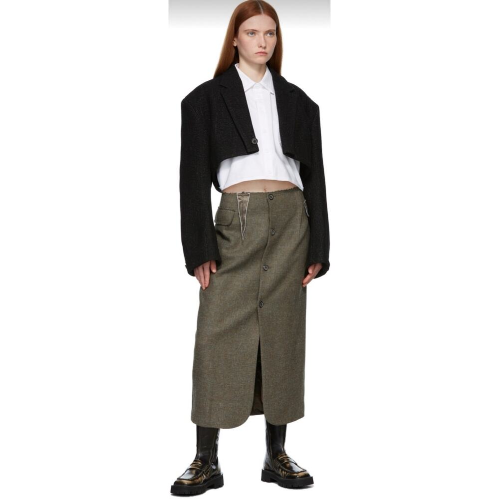 Ader Error Roxie Khaki Green Wool Deconstructed Button Front Midi Skirt S